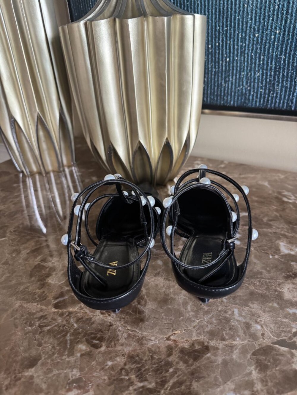 "Consigning Soon" NWOT Zara Black Pearl Strap Kitten Heel - Picture 2 of 6